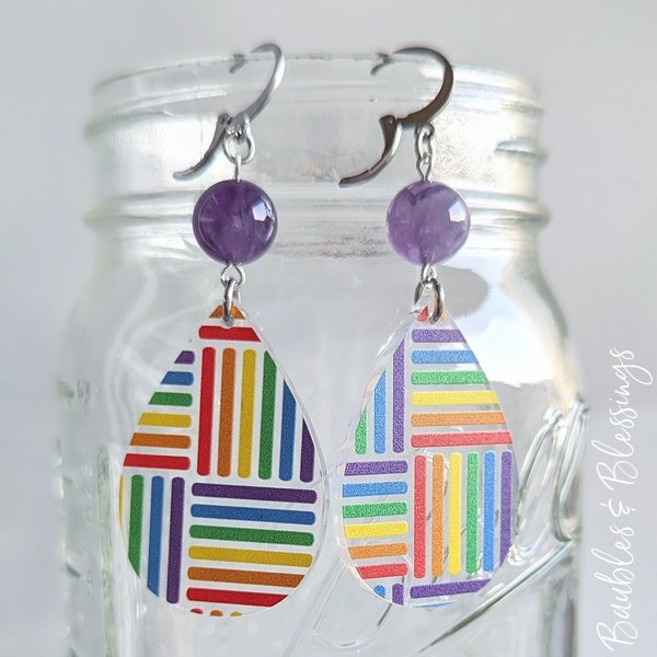 Acrylic Rainbow Pattern Earrings with Chevron Amethyst (MTO)