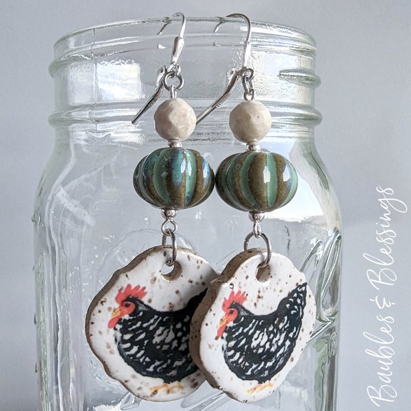 Chicken Earrings with Ceramic Beads & Riverstone