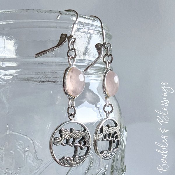 Rose Quartz & Sterling Silver Tree of Life Earrings