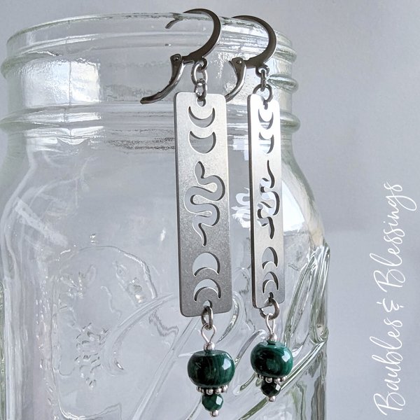 Stainless Steel Snake/Moon Phase Earrings with Malachite