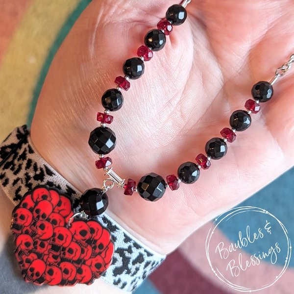 Red Skull Heart Necklace with Czech Glass & Onyx