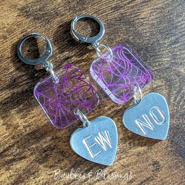 Snarky Hearts: Purple Spiderweb "EW NO" Earrings