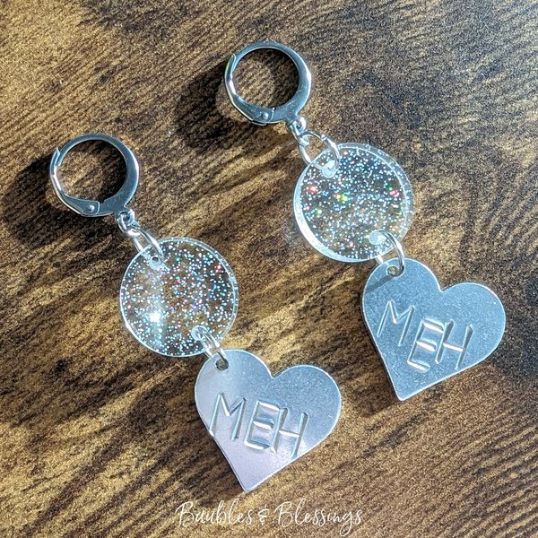 Snarky Hearts: Holographic Glitter "MEH" Earrings