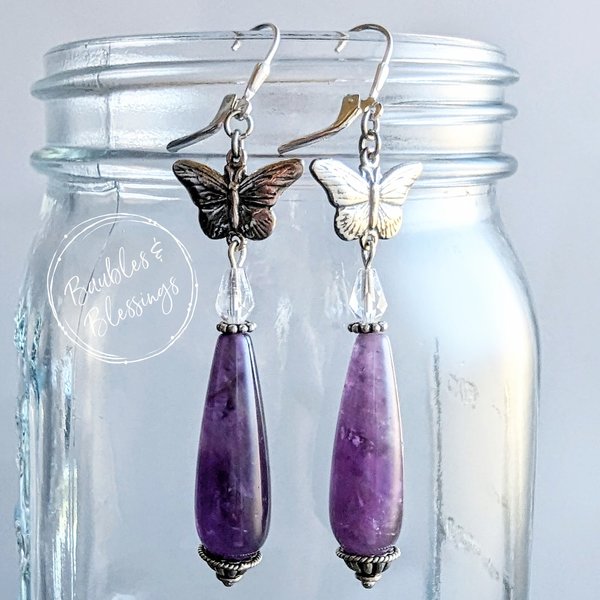 Butterfly Earrings with Amethyst Teardrop & Sterling Silver