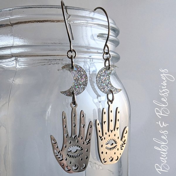 Celestial Palm Earrings with Glittery Crescent Moons