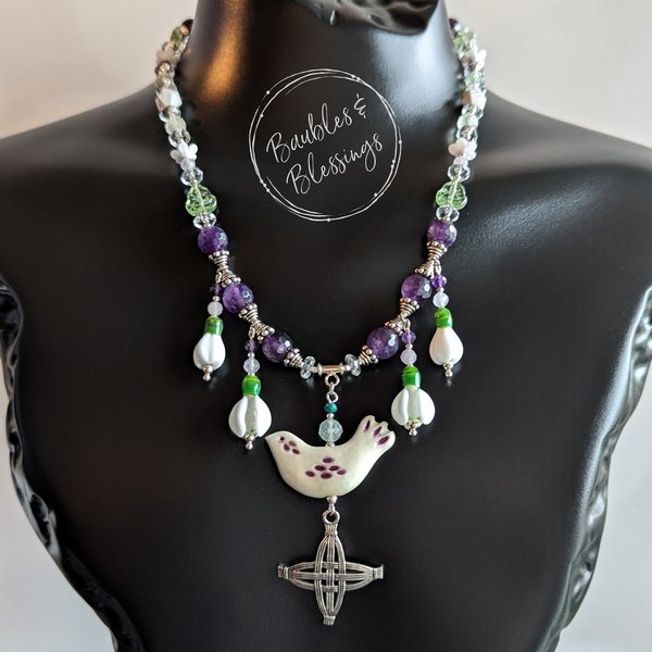 Imbolc Necklace with Brighid's Cross & Lampwork Snowdrops