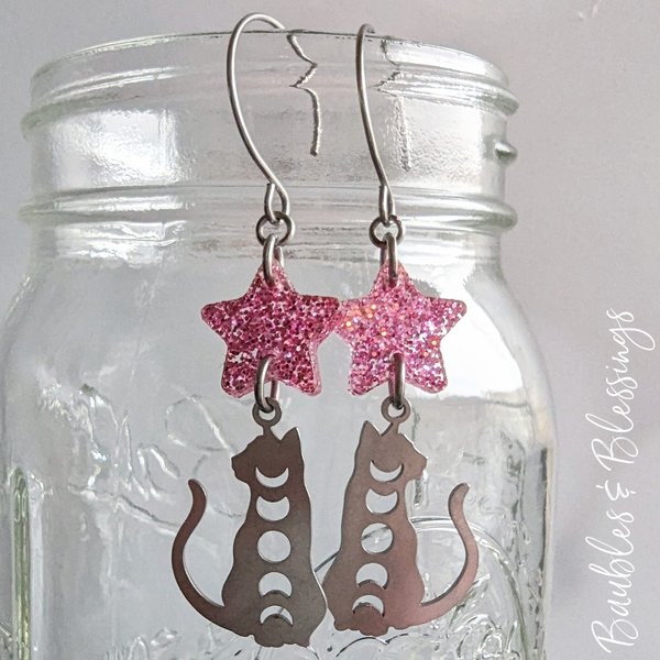 Lunar Kitty Earrings with Glittery Pink Stars