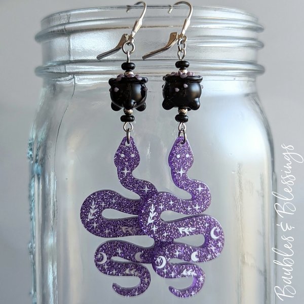 Witchy Purple Snake Earrings with Lampwork Cauldrons