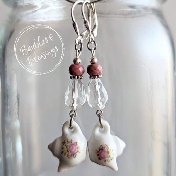 Sweet Floral Teapot Earrings with Rhodonite & Quartz