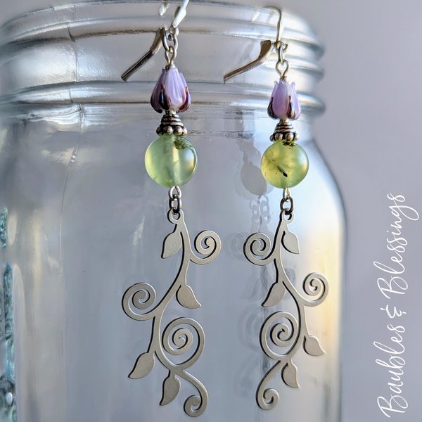 Vine Earrings with Prehnite & Lampwork Flowers