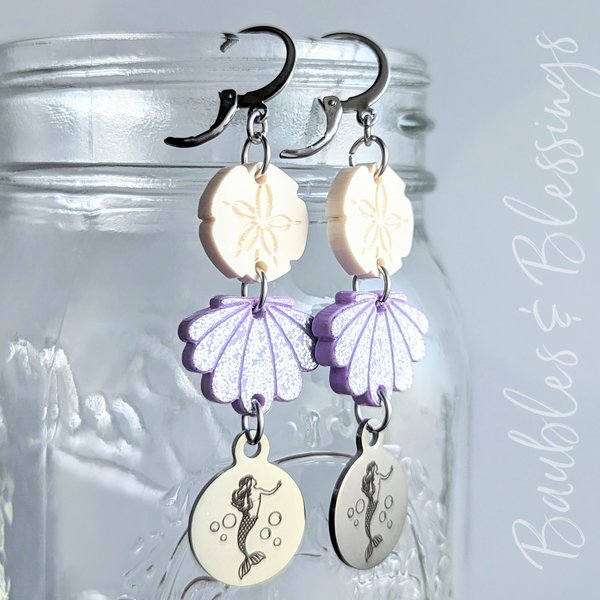 Lightweight Mermaid Earrings with Glittery Acrylic Shells