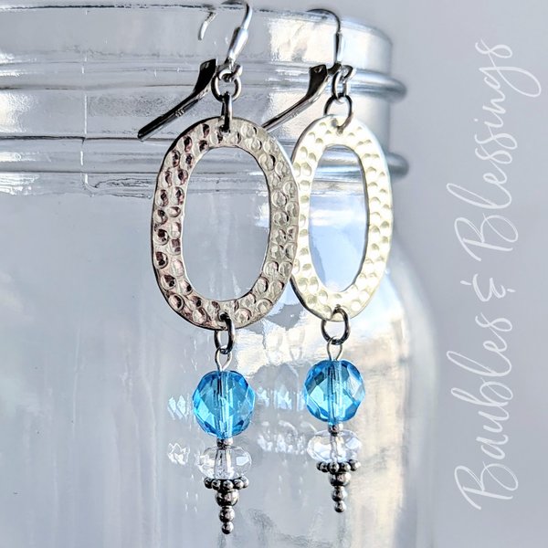 Hammered Oval Earrings with Quartz & Czech Glass