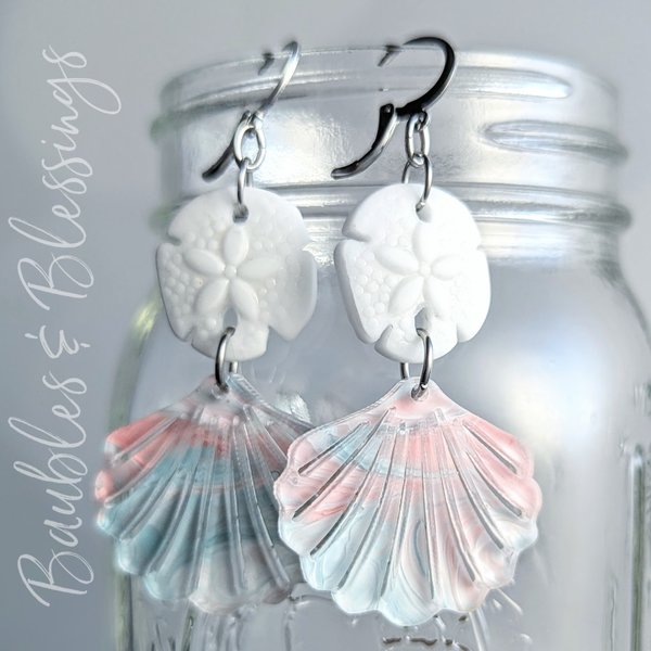 Acrylic Seashell Earrings with Czech Glass Sand Dollars