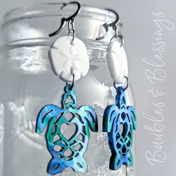 Acrylic Turtle Earrings with Czech Glass Sand Dollars