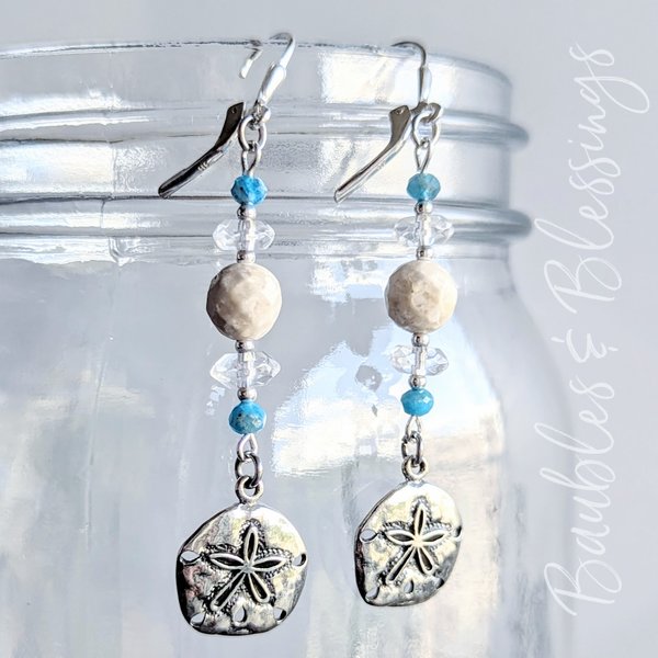 Sand Dollar Earrings with Apatite, Quartz & Riverstone