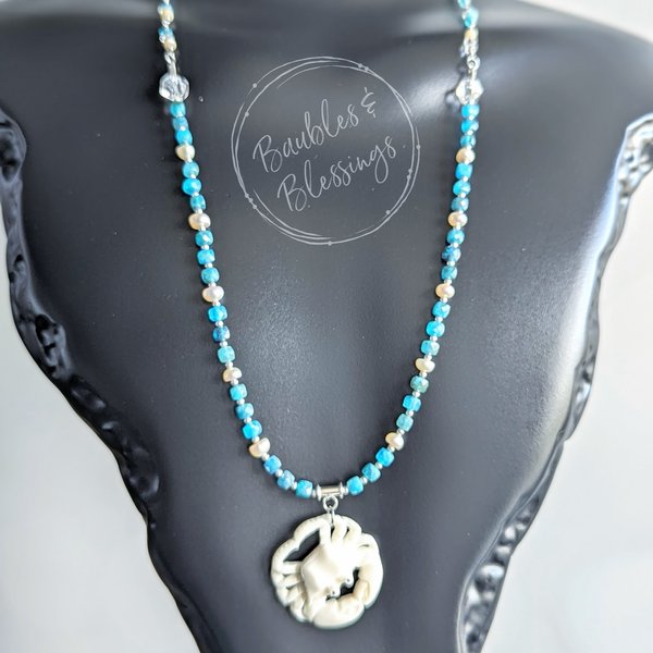 Crab Necklace with Bone, Apatite & Freshwater Pearls
