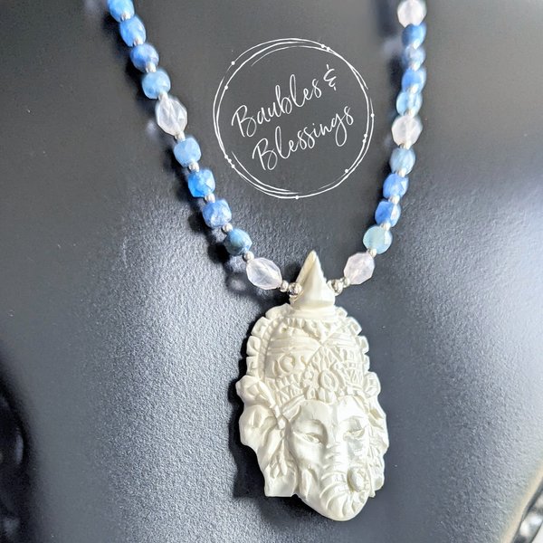 Ganesha Necklace with Bone, Kyanite & Rose Quartz