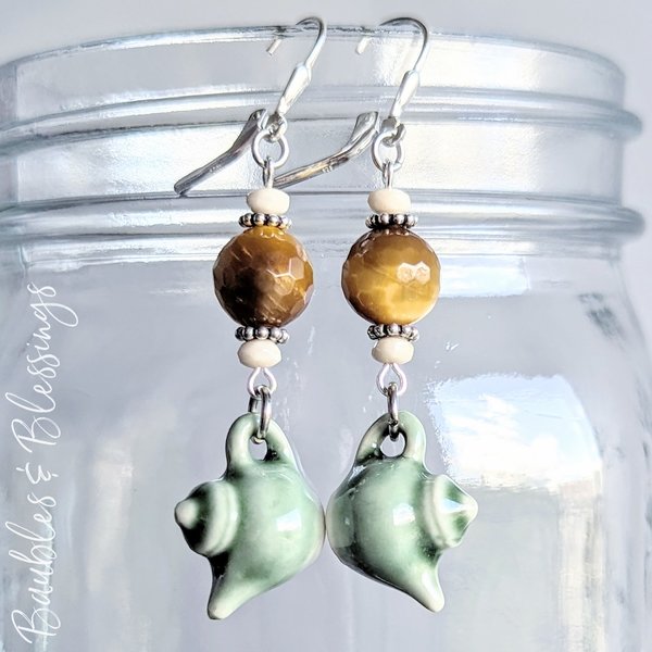 Green Teapot Earrings with Golden Tiger's Eye