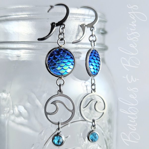 Mermaid Scale Earrings with Waves & Blue Crystals