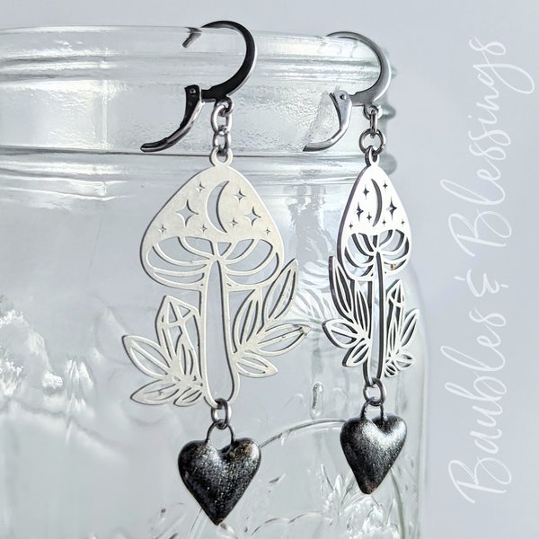 Witchy Mushroom Earrings with Sparkly Ceramic Hearts