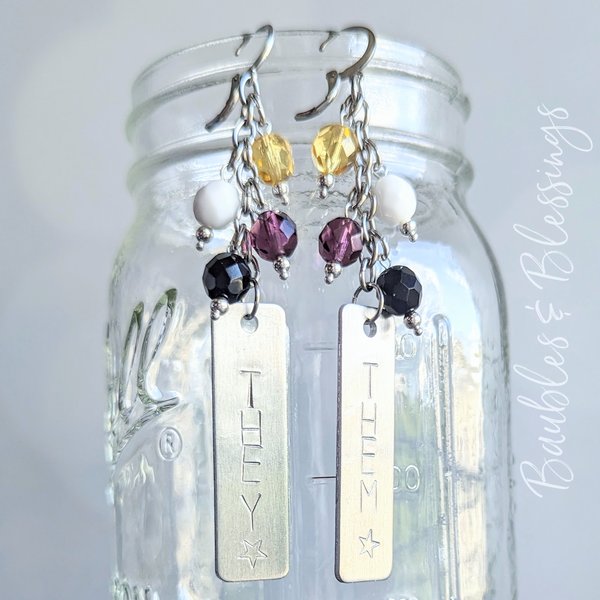 Hand-stamped Pronoun Earrings with Nonbinary Pride Colors