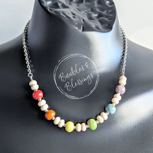 Earthy Rainbow Necklace with Handmade Beads (MTO)