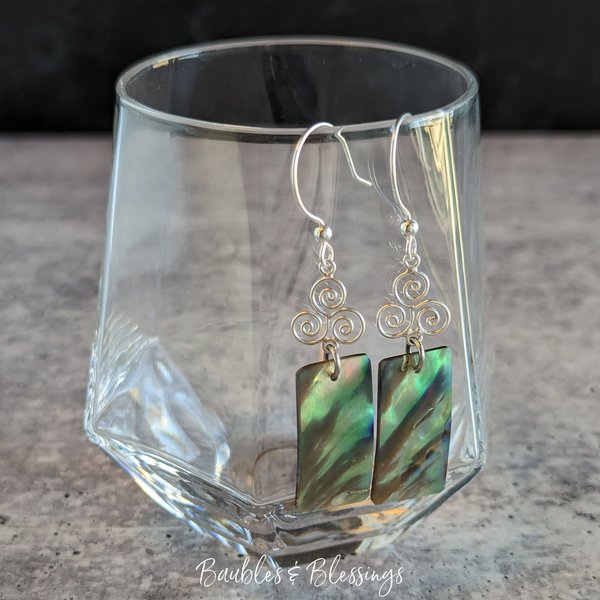 Sterling Silver Triskele Earrings with Abalone/Pāua Drops