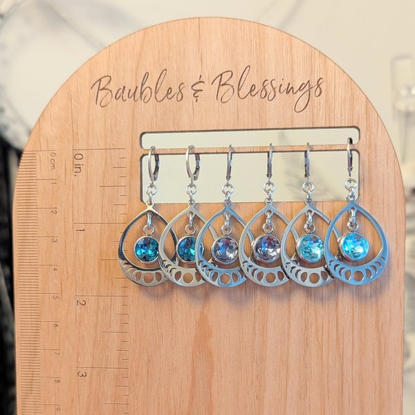 RESERVED for A: Moon Phase Earrings, Dark Aqua Gem