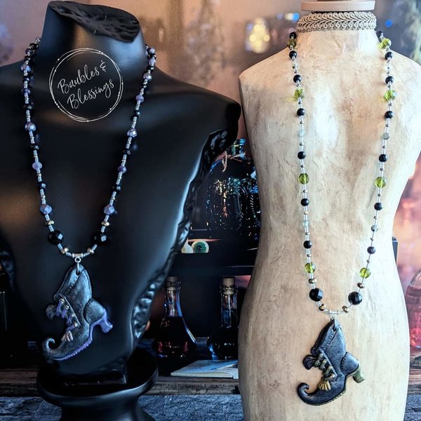 OOAK Witch's Boot Necklaces with Onyx & Pyrite