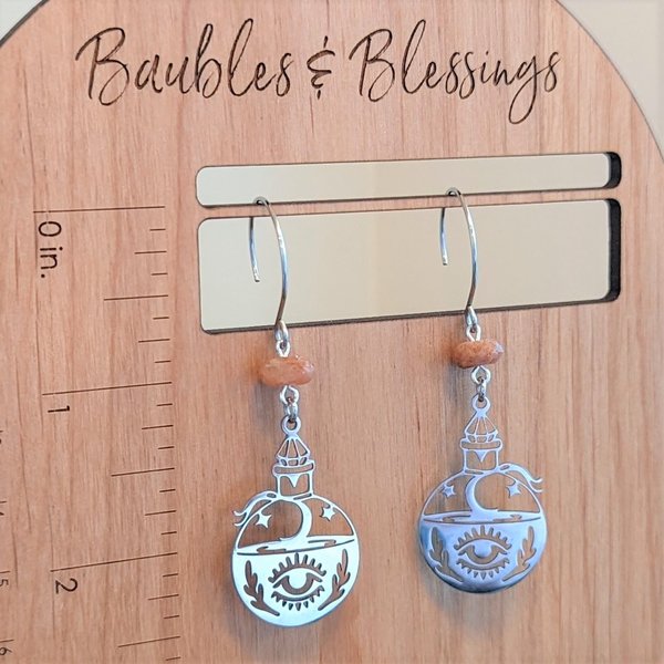 Sunstone & Stainless Steel Potion Bottle Earrings