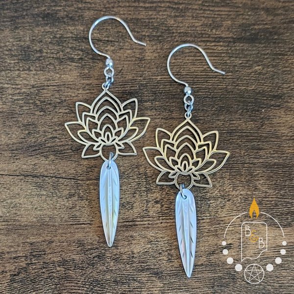 Stainless Steel Lotus & Black Lip Shell Earrings