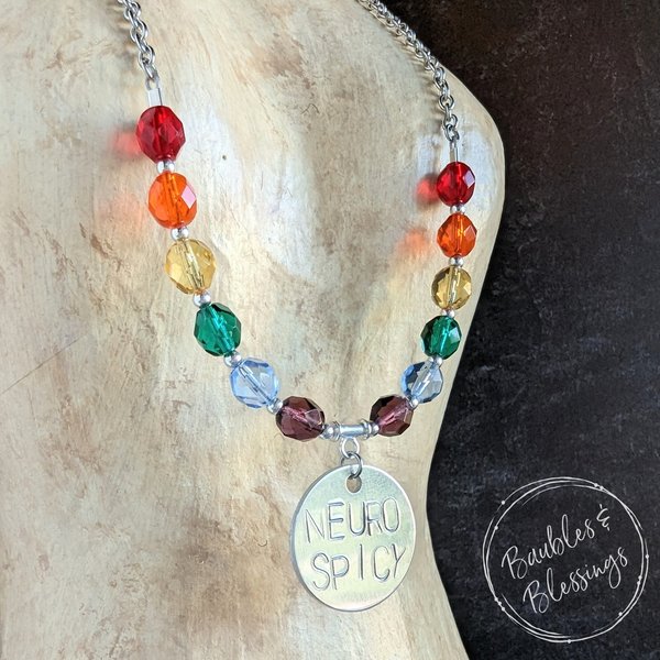 Rainbow Necklace with Hand-Stamped NEURO SPICY Pendant (MTO)