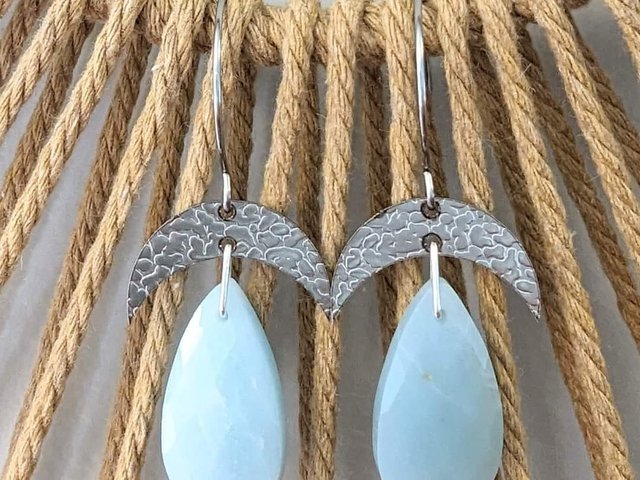Hammered Stainless Steel & Amazonite Crescent Moon Earrings