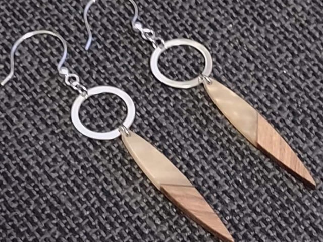 Silver Hoop Earrings with Resin & Wood Dangle