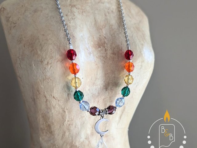 Rainbow Pride Necklace with Crescent Moon & Quartz Drop