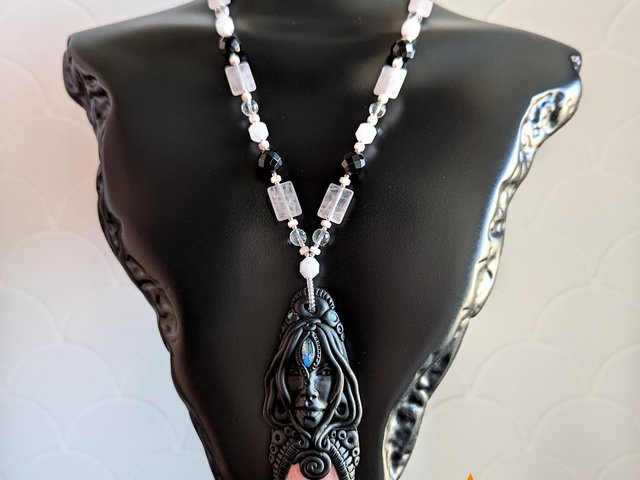 OOAK Goddess Necklace with Onyx, Rose Quartz & Pink Shell