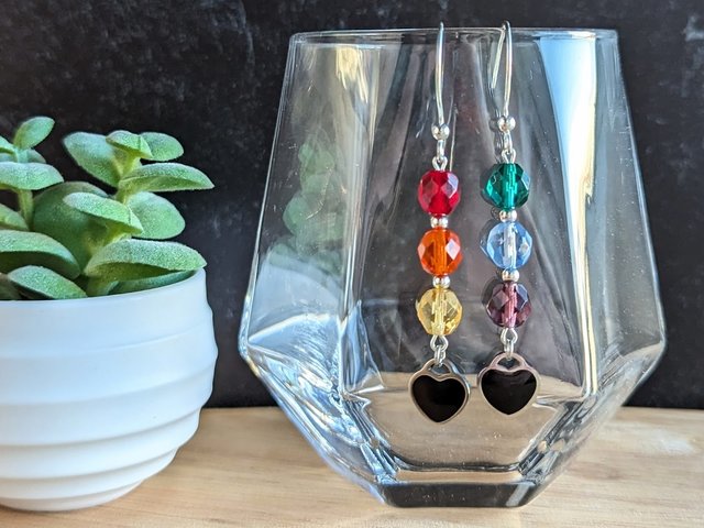 Rainbow Czech Glass Pride Earrings with Hearts
