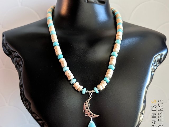 Amazonite & Wood Crescent Moon Necklace