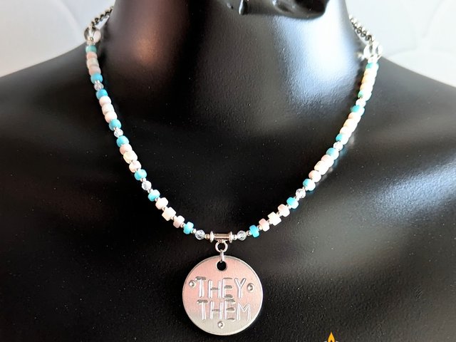 Trans Flag Shell Necklace with Custom Stamped Pendant
