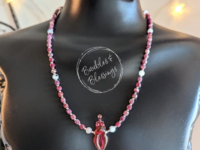 Red Tourmaline Goddess Necklace with Handmade Focal