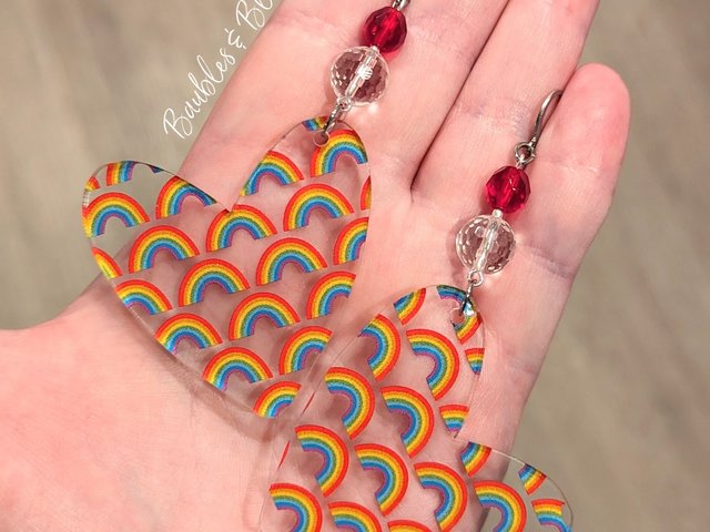 XL Acrylic Rainbow Heart Earrings with Quartz