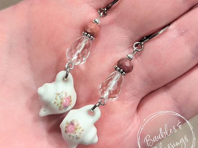 Sweet Floral Teapot Earrings with Rhodonite & Quartz