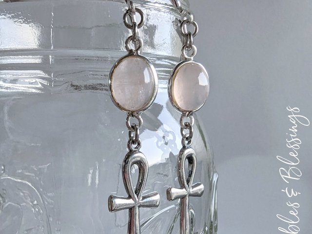 Rose Quartz & Sterling Silver Ankh Earrings