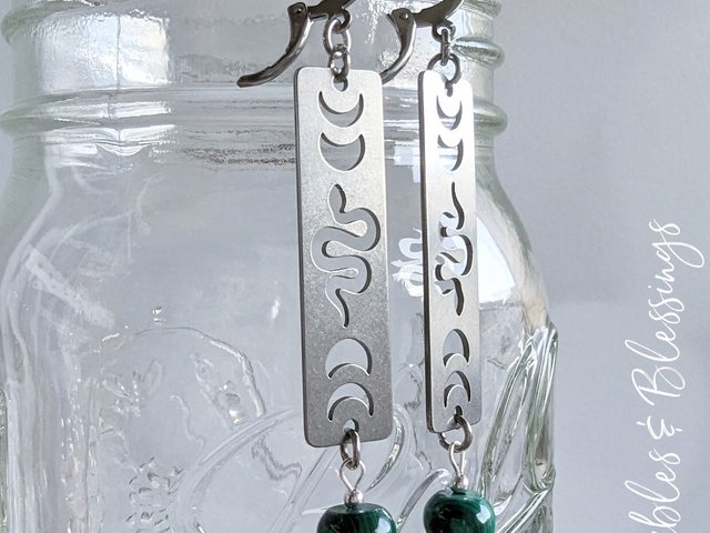 Stainless Steel Snake/Moon Phase Earrings with Malachite