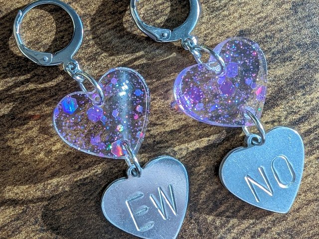 Snarky Hearts: Purple Glitter "EW NO" Earrings
