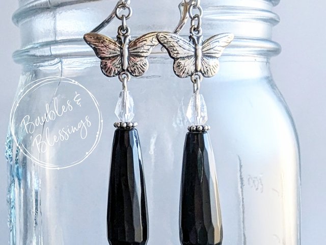 Butterfly Earrings with Onyx Teardrop & Sterling Silver