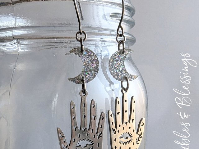 Celestial Palm Earrings with Glittery Crescent Moons