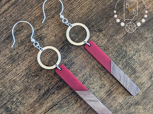 Silver Ring Earrings with Resin & Wood Dangle